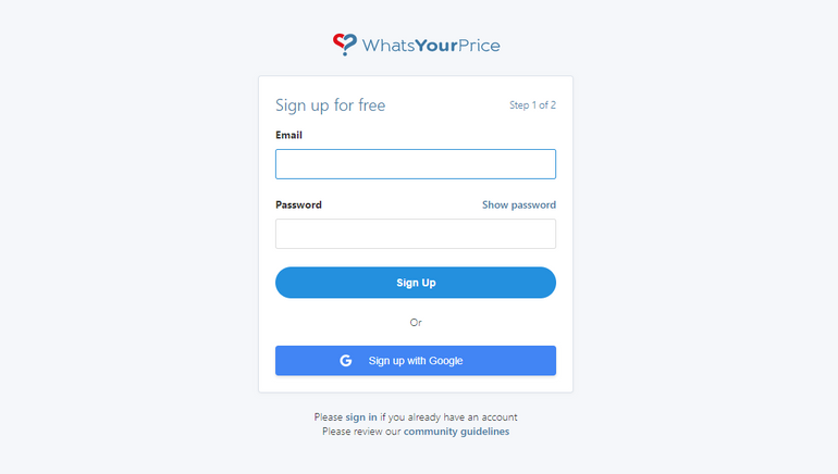 What's Your Price Sign up